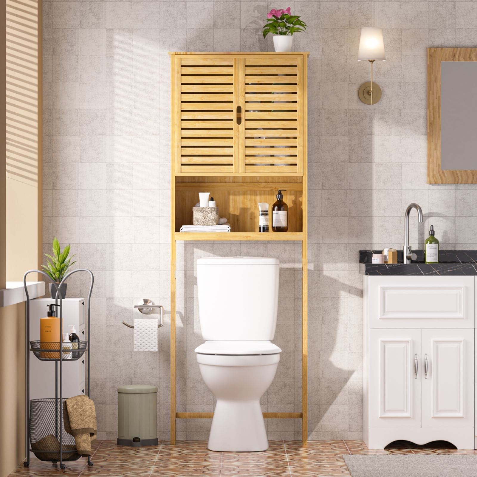 VEIKOUS Armoire de rangement en bambou au-dessus des toilettes, organiseur de salle de bain avec étagère réglable et portes doubles
