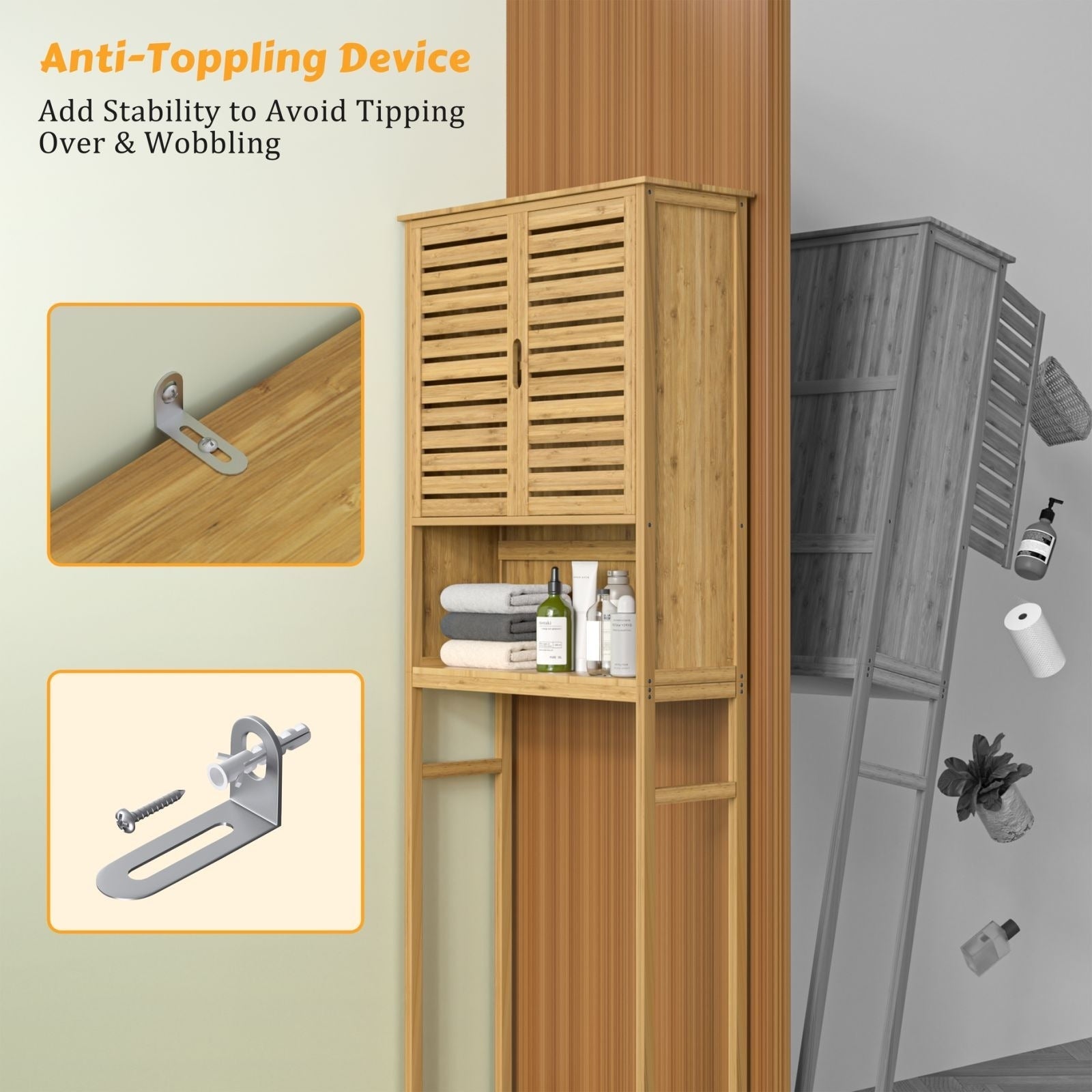 VEIKOUS Armoire de rangement en bambou au-dessus des toilettes, organiseur de salle de bain avec étagère réglable et portes doubles