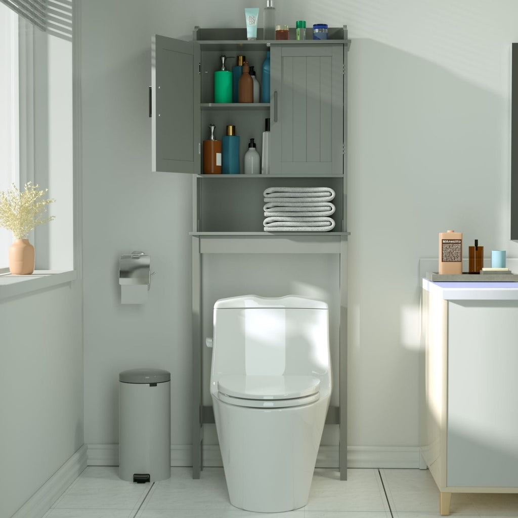 VEIKOUS Armoire de rangement en bambou au-dessus des toilettes, organiseur de salle de bain avec étagère réglable et portes doubles