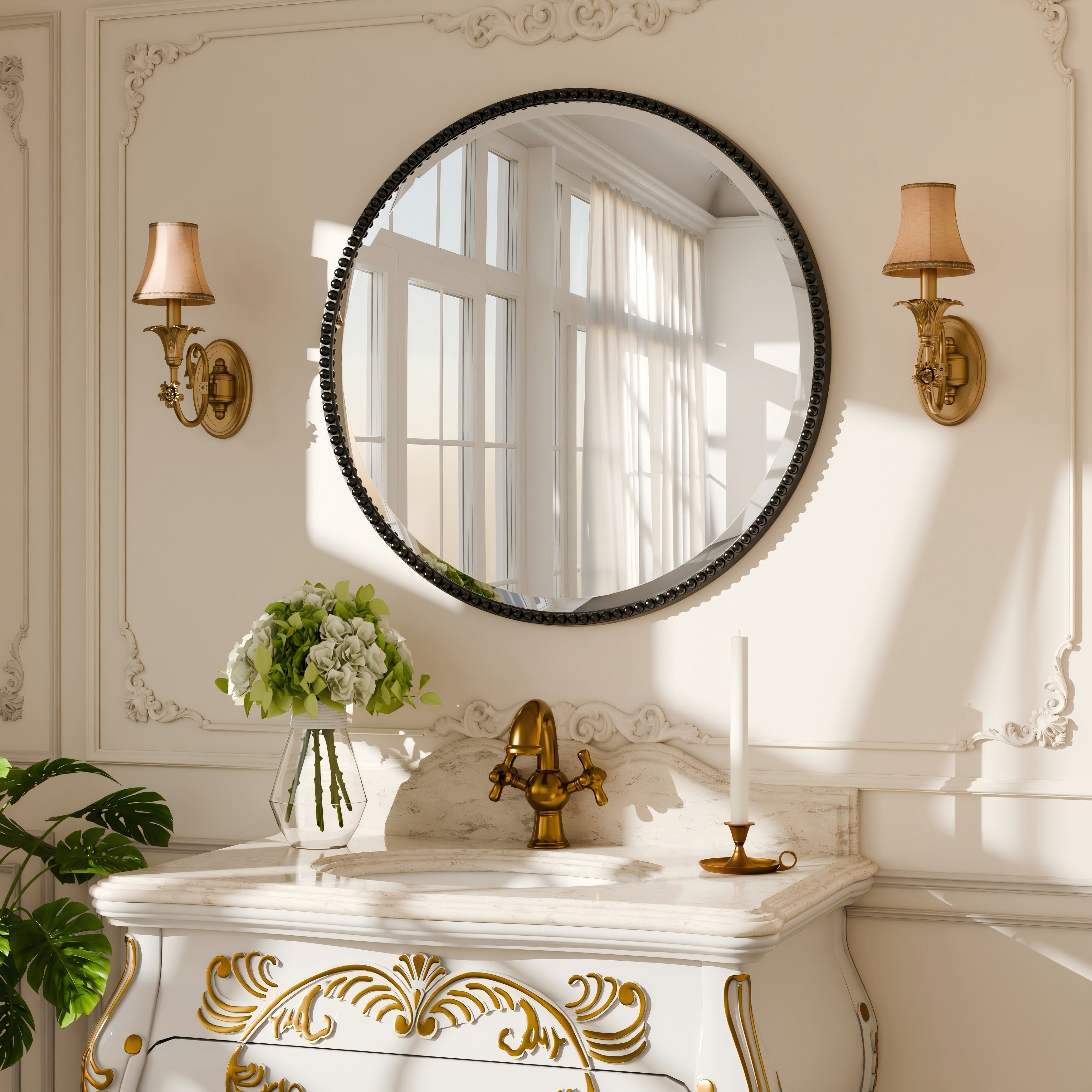 Miroir de salle de bain rond vintage avec cadre perlé
