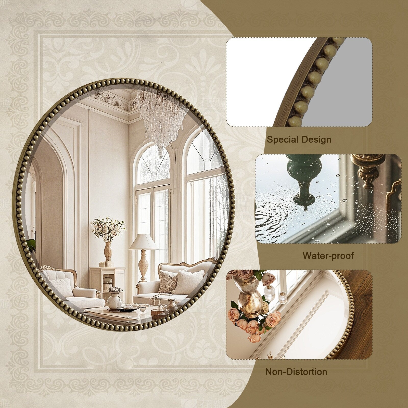 Miroir de salle de bain rond vintage avec cadre perlé