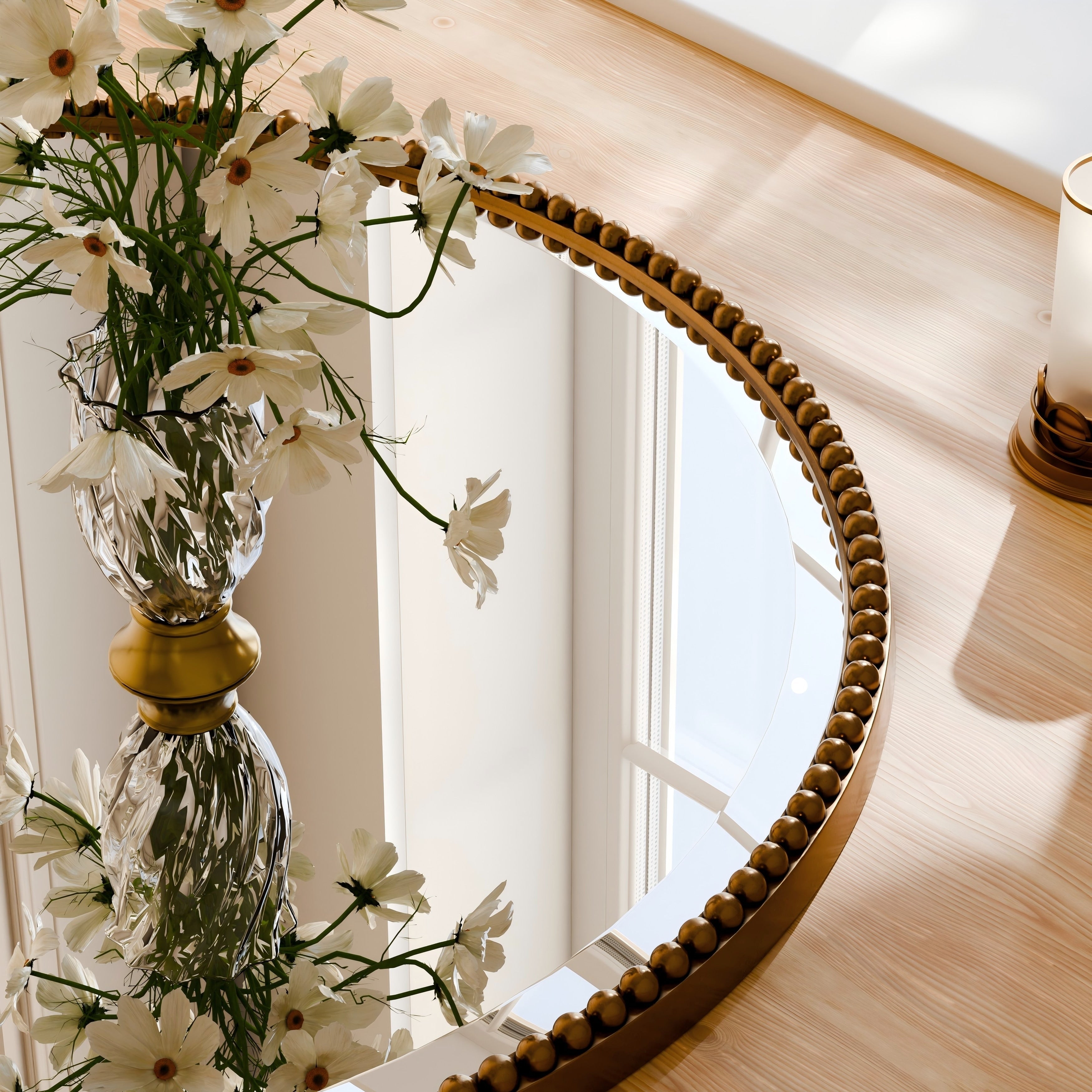 Miroir de salle de bain rond vintage avec cadre perlé