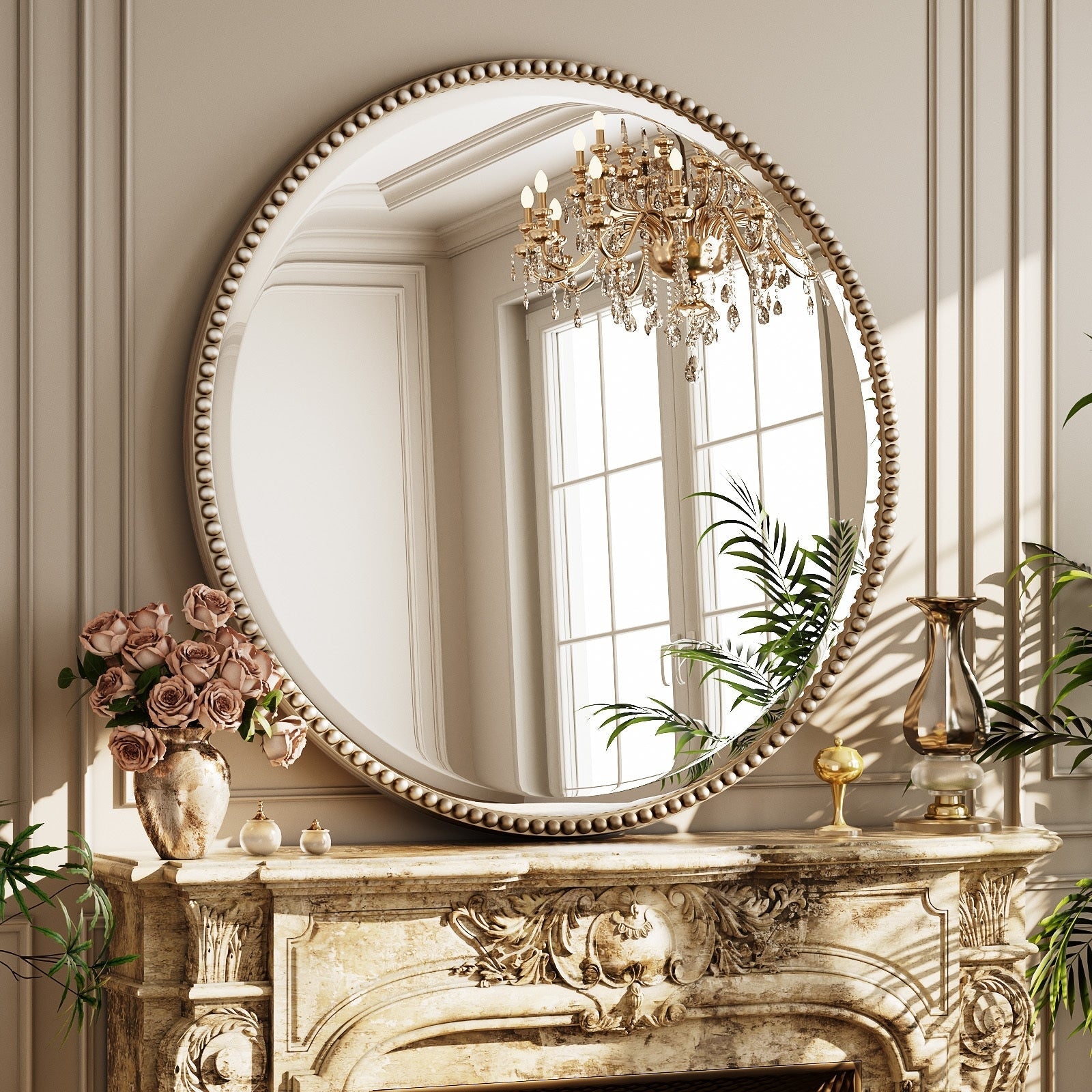 Miroir de salle de bain rond vintage avec cadre perlé