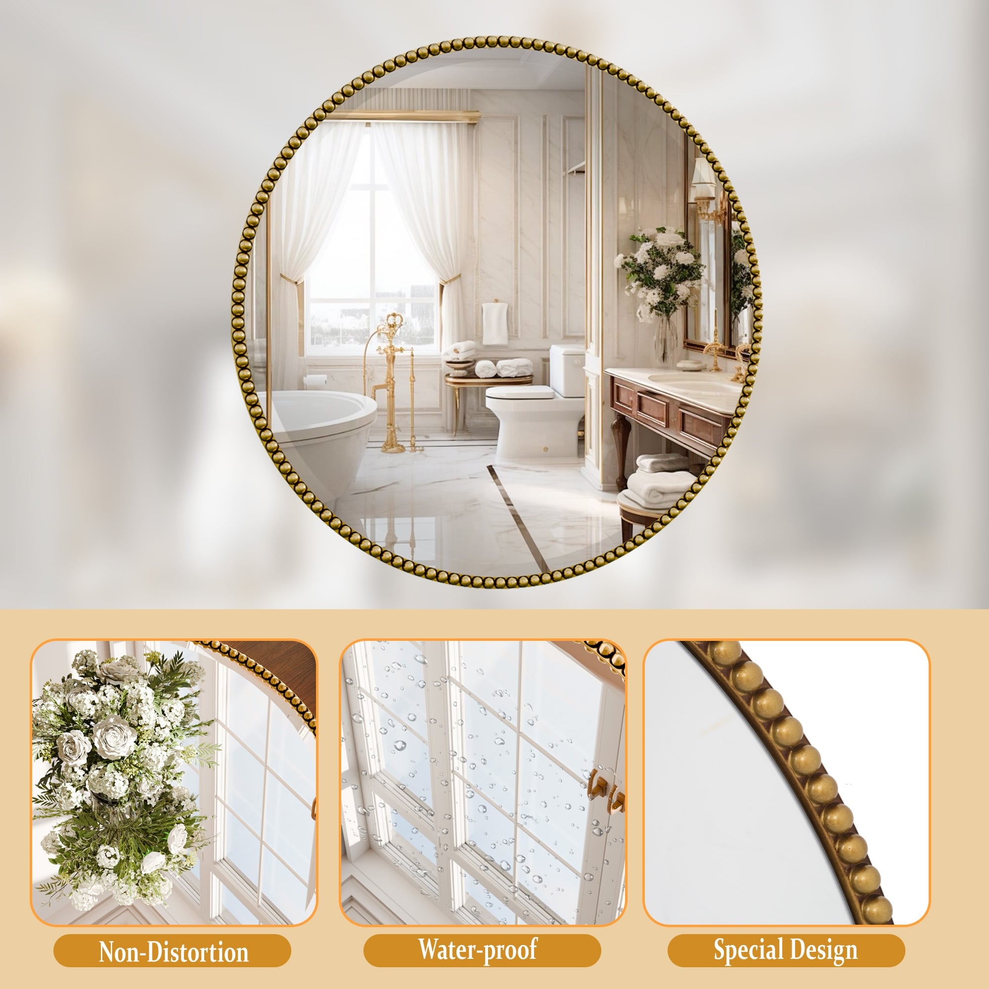 Miroir de salle de bain rond vintage avec cadre perlé