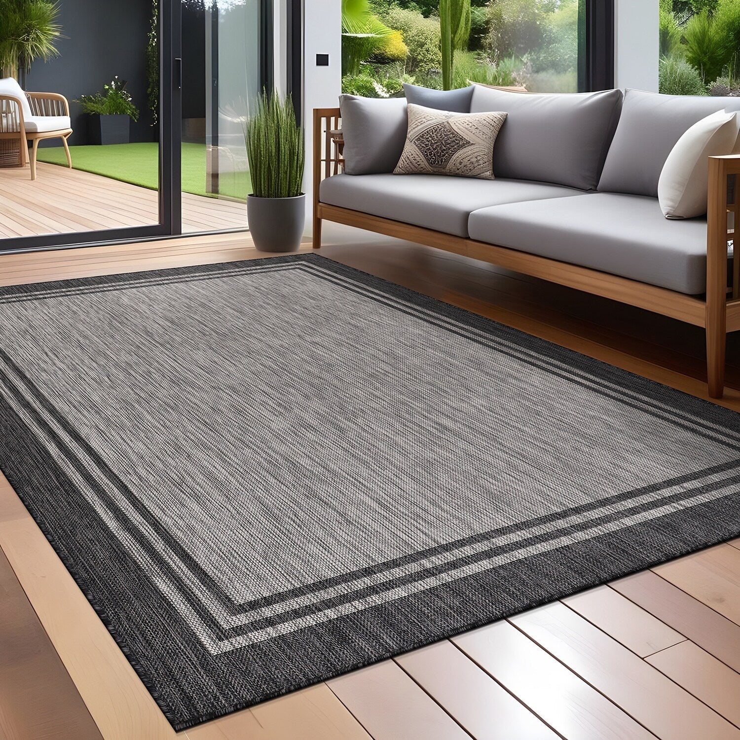 Tapis d'intérieur et d'extérieur lavable à bordures pour patio, terrasse et porche