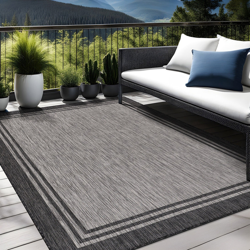 Tapis d'intérieur et d'extérieur lavable à bordures pour patio, terrasse et porche