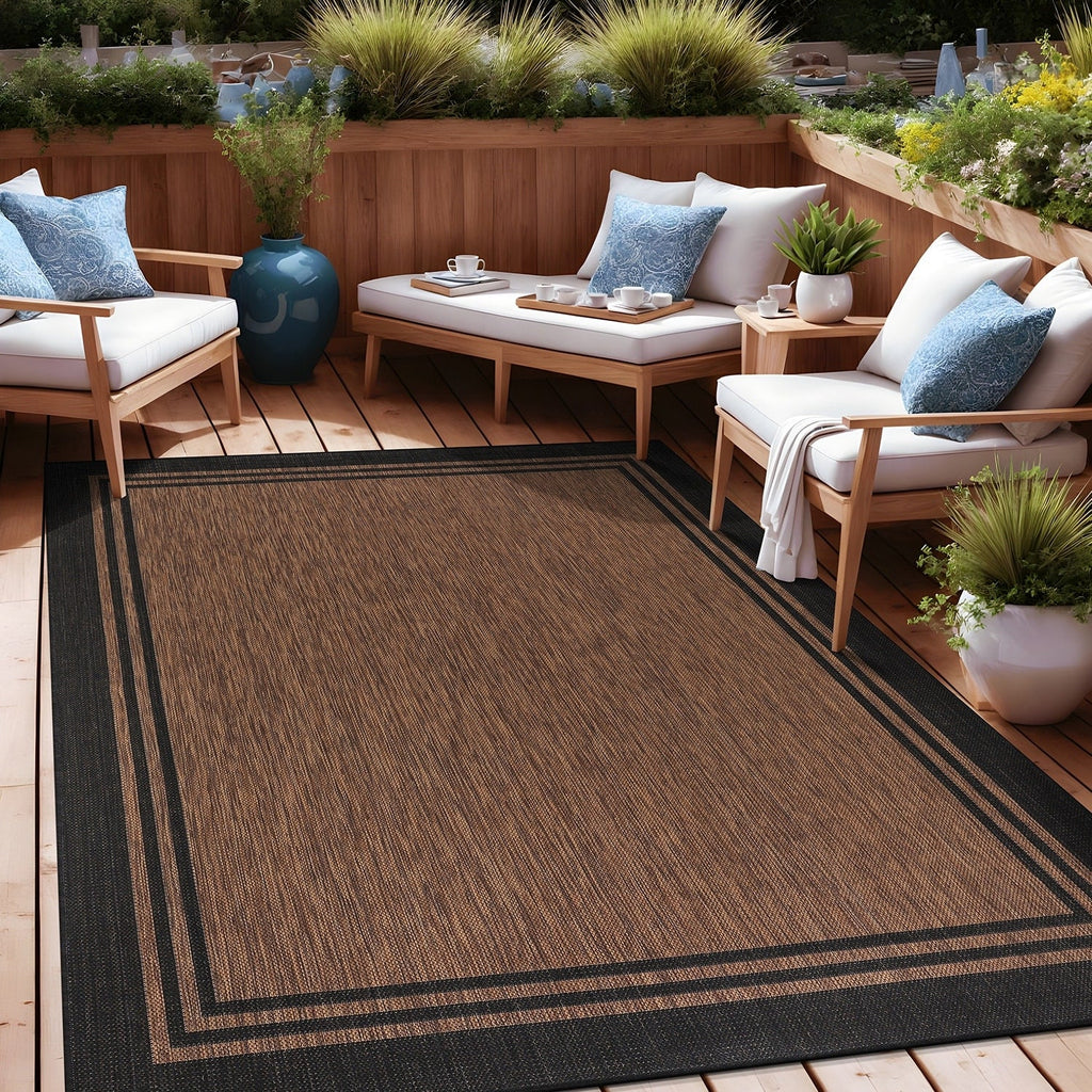 Tapis d'intérieur et d'extérieur lavable à bordures pour patio, terrasse et porche
