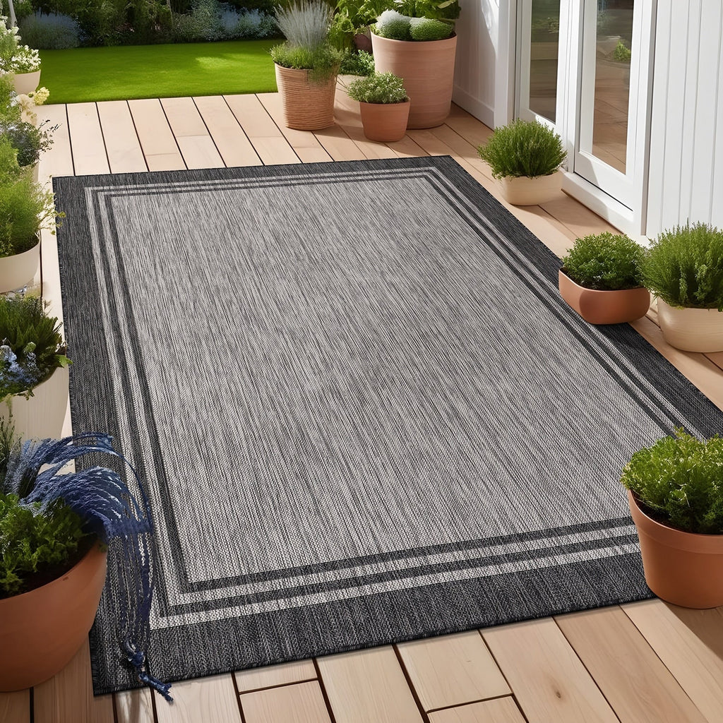 Tapis d'intérieur et d'extérieur lavable à bordures pour patio, terrasse et porche