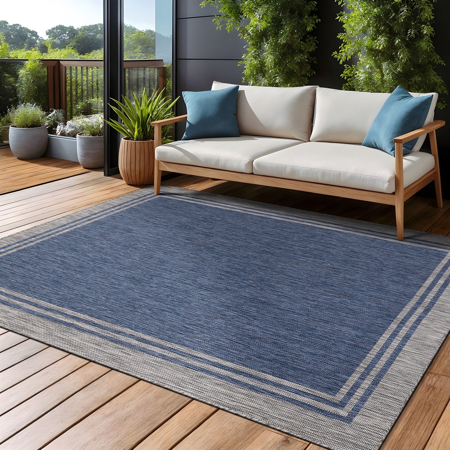 Tapis d'intérieur et d'extérieur lavable à bordures pour patio, terrasse et porche
