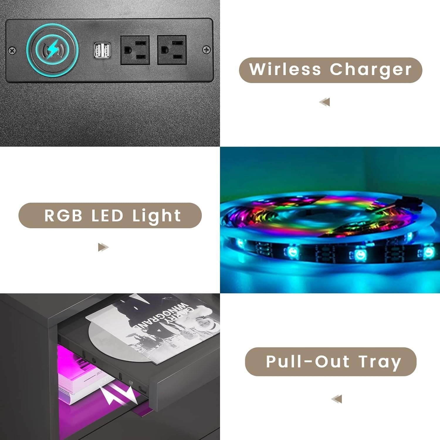 Table de chevet à 2 tiroirs avec LED, station de charge sans fil et étagère coulissante