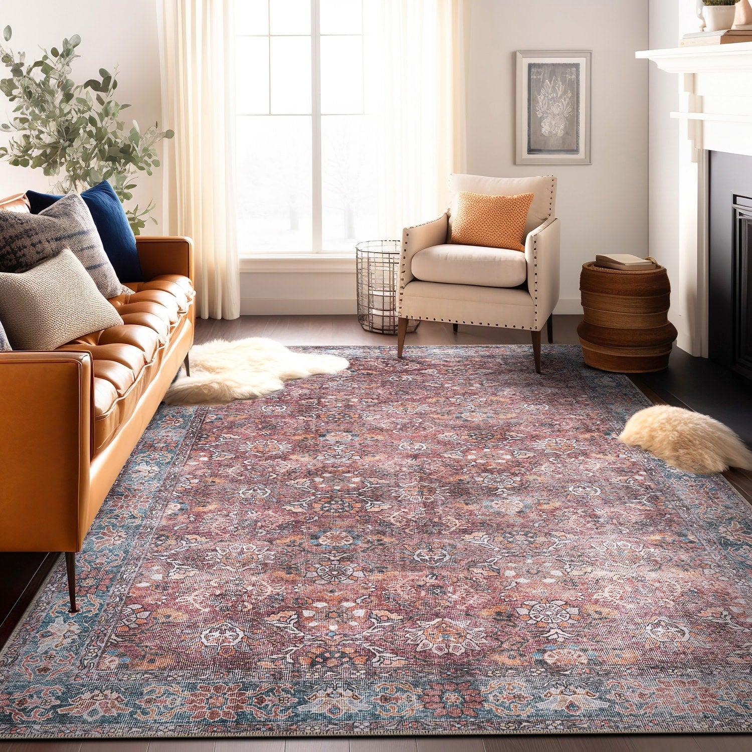Tapis de transition World Rug Gallery, style vintage, antidérapant, lavable en machine, avec bordures