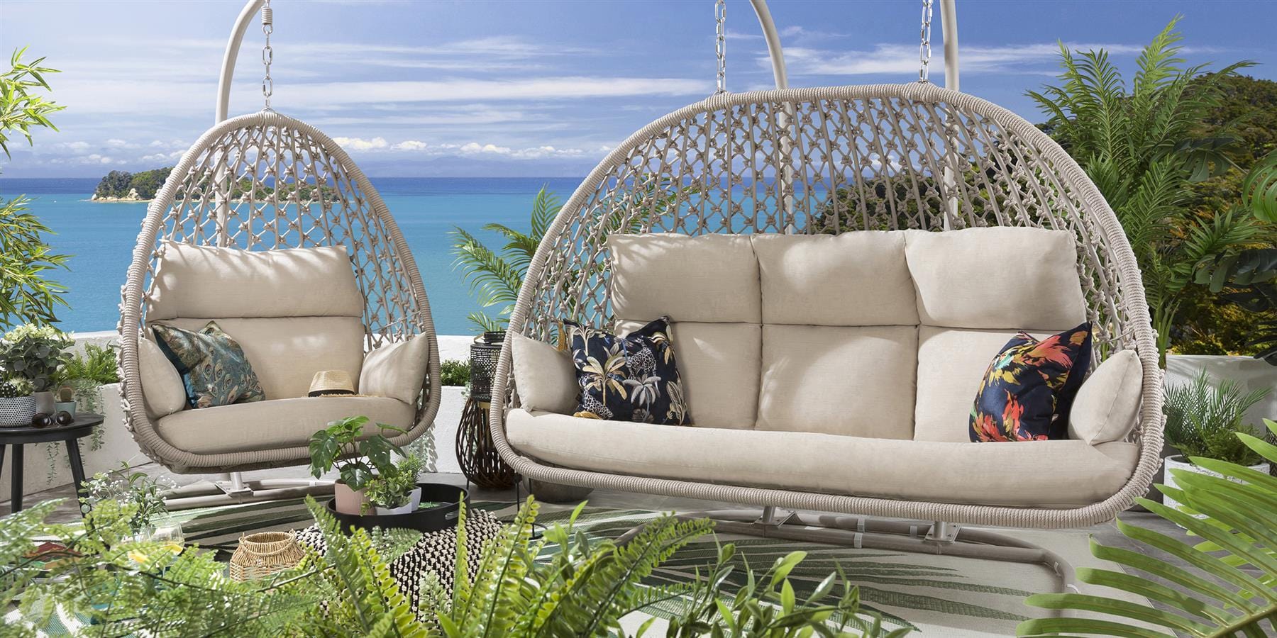 Ensemble de 2 chaises suspendues en corde et hamac - Crème