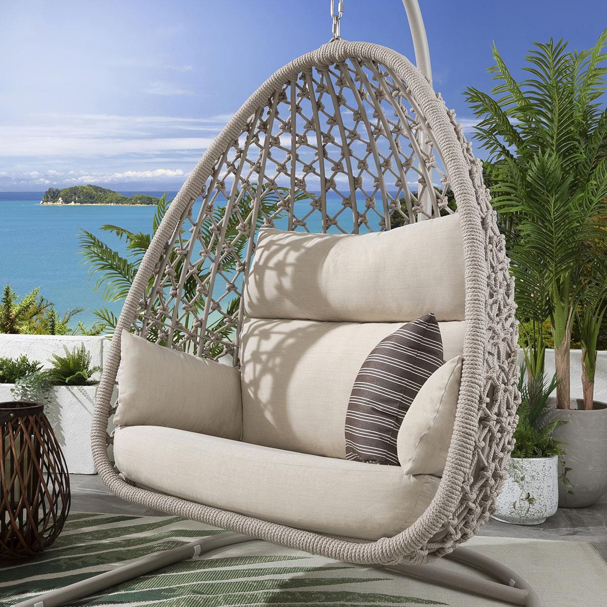 Ensemble de 2 chaises suspendues en corde et hamac - Crème