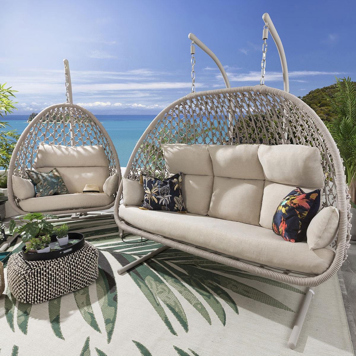 Ensemble de 2 chaises suspendues en corde et hamac - Crème