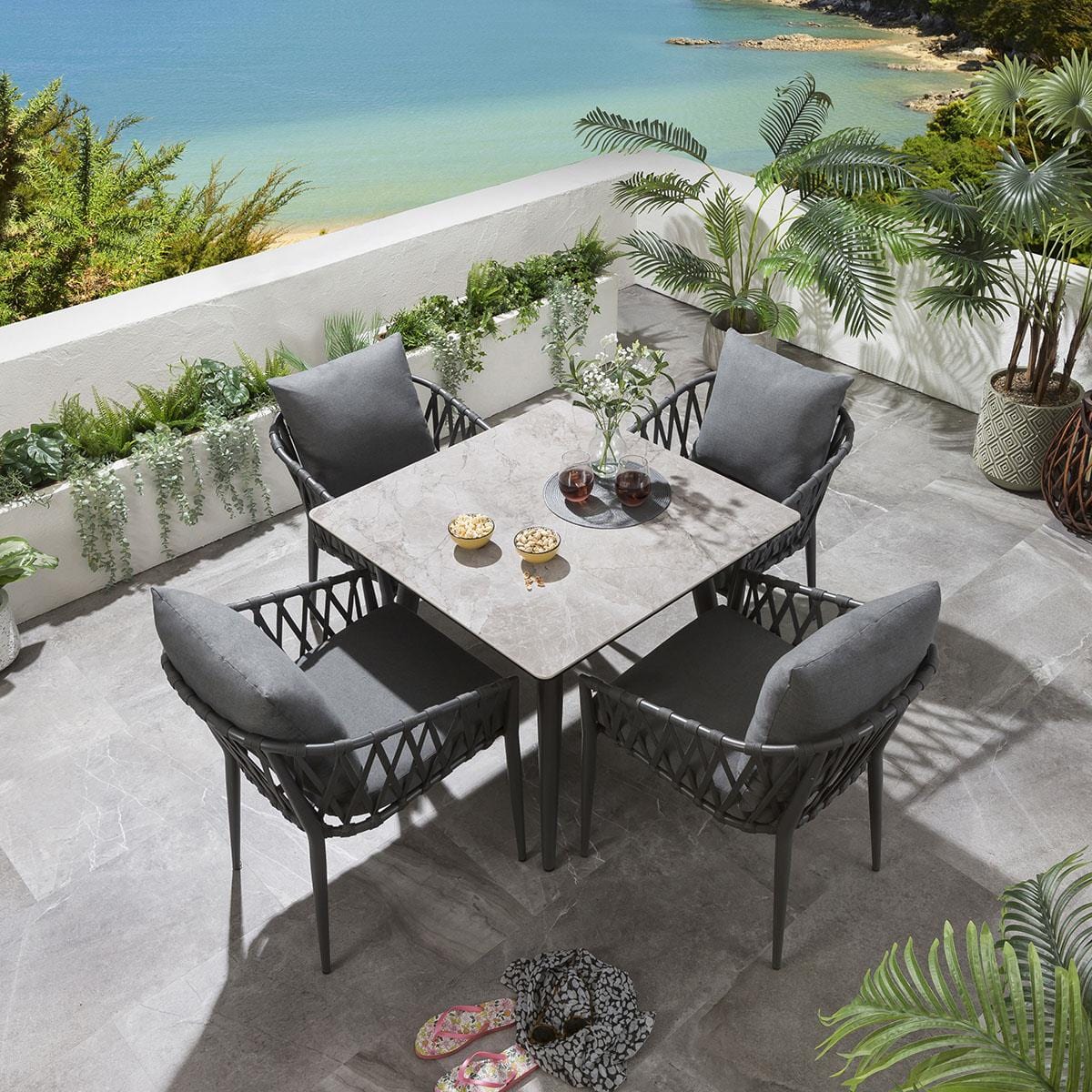 Ensemble repas d'extérieur 4 places | Table et chaises en céramique grise