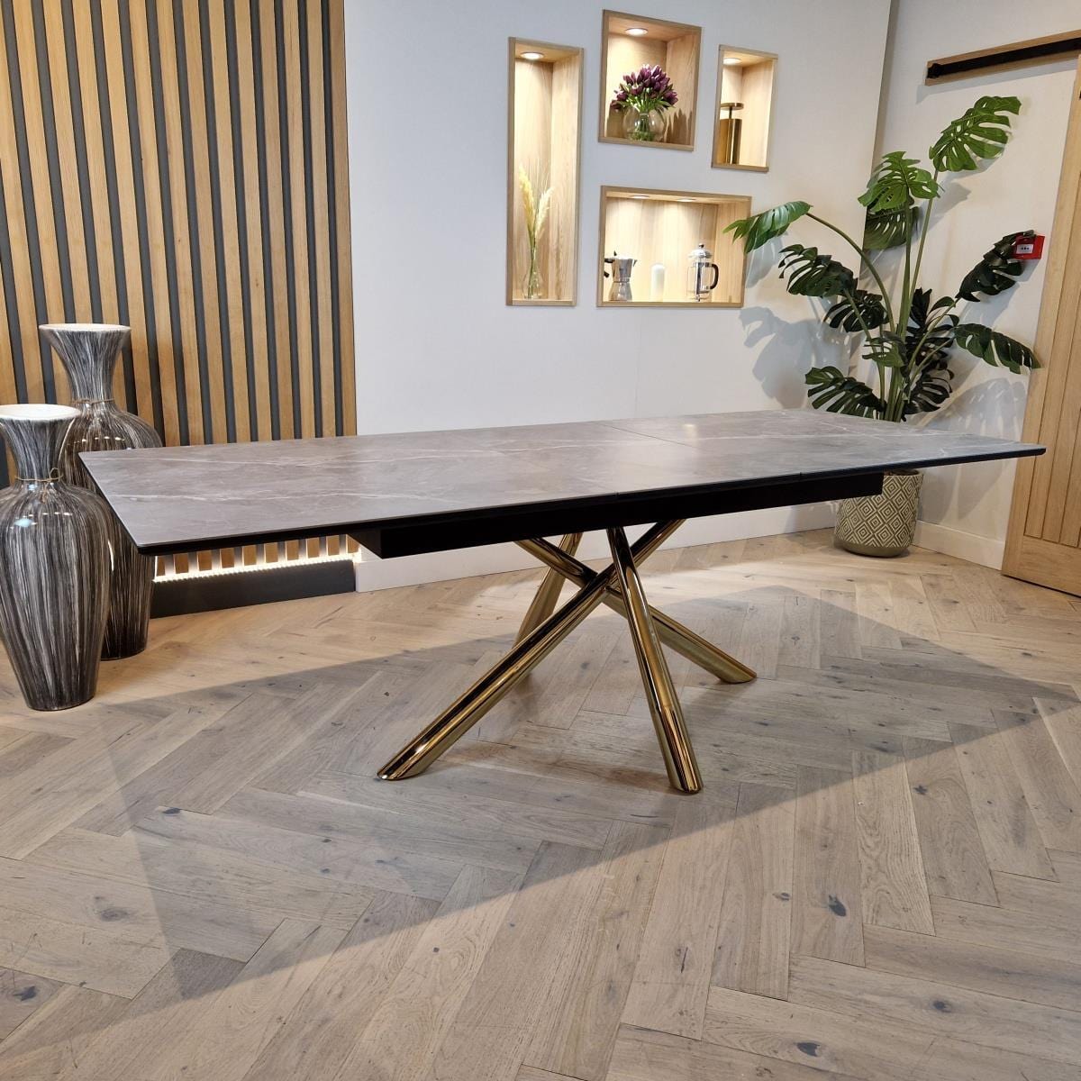 Ensemble de salle à manger extensible 6 places Zoe en céramique, gris et or (ExDisplay Zoe)