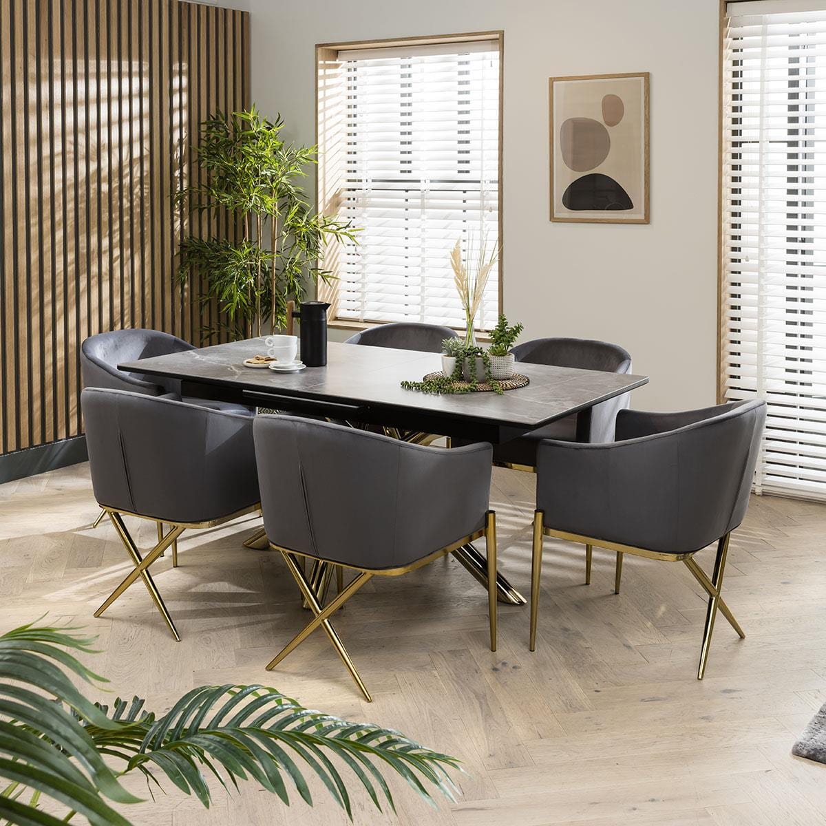 Ensemble de salle à manger extensible 6 places Zoe en céramique, gris et or (ExDisplay Zoe)