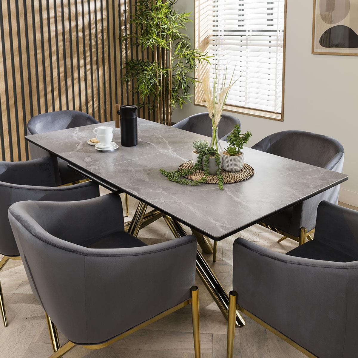 Ensemble de salle à manger extensible 6 places Zoe en céramique, gris et or (ExDisplay Zoe)