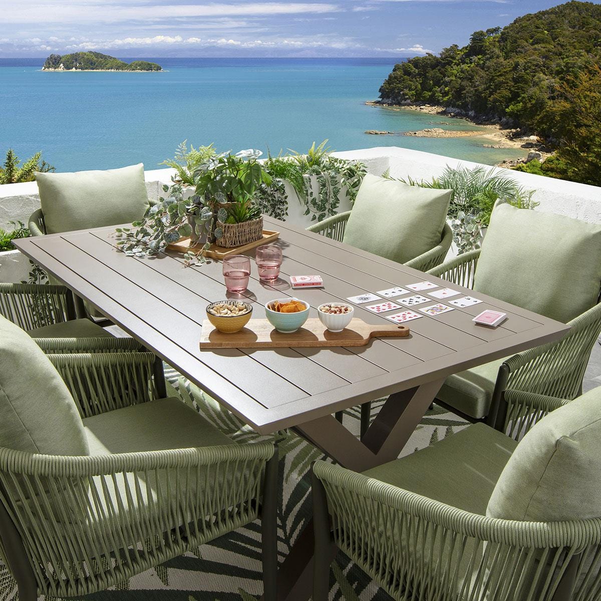 Ensemble de salle à manger de jardin Cole 6 places en aluminium vert et beige