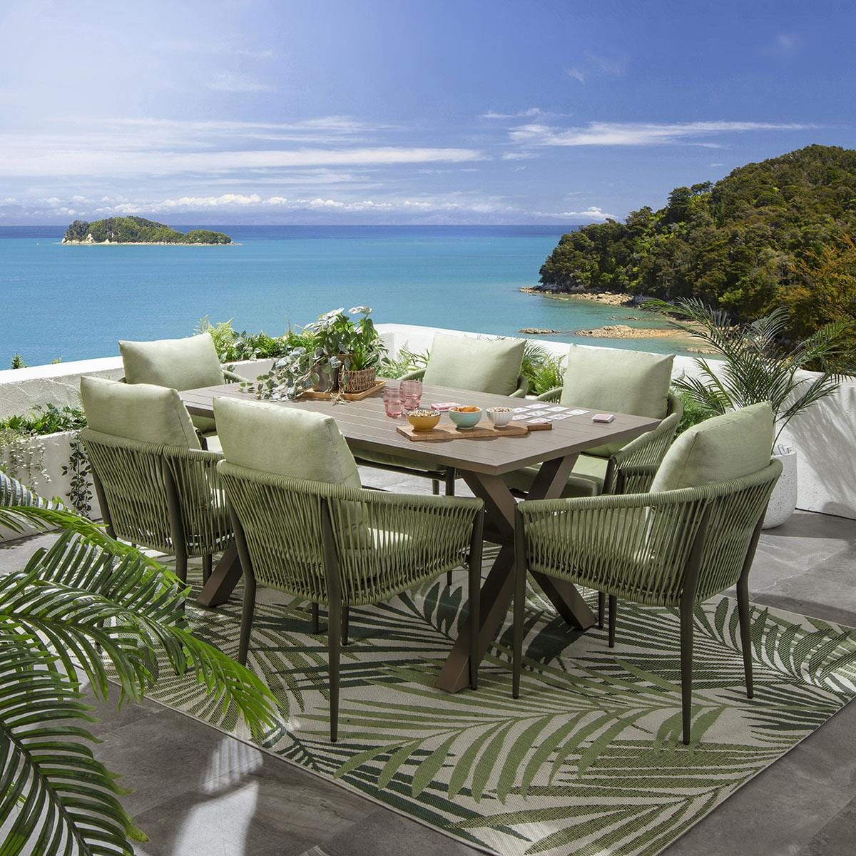 Ensemble de salle à manger de jardin Cole 6 places en aluminium vert et beige