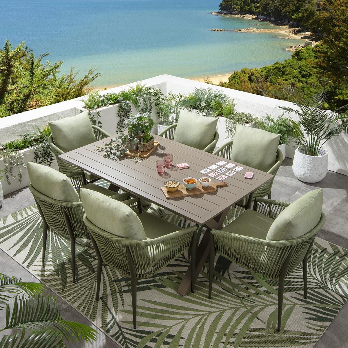 Ensemble de salle à manger de jardin Cole 6 places en aluminium vert et beige