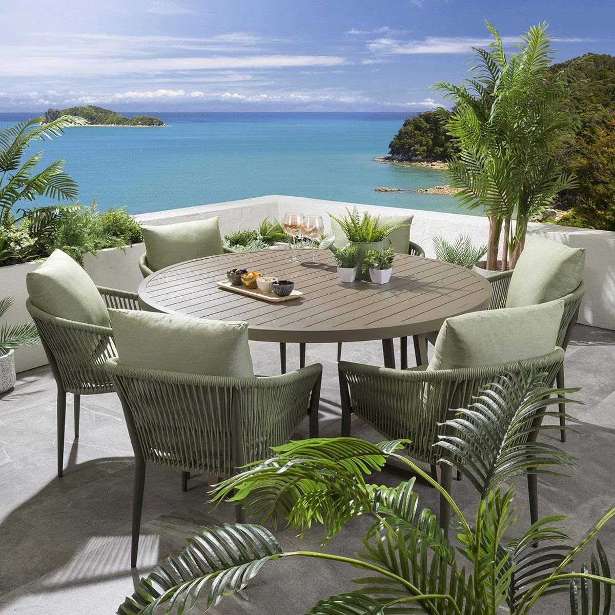 Ensemble de salle à manger d'extérieur rond Cole 6 places en aluminium vert et beige