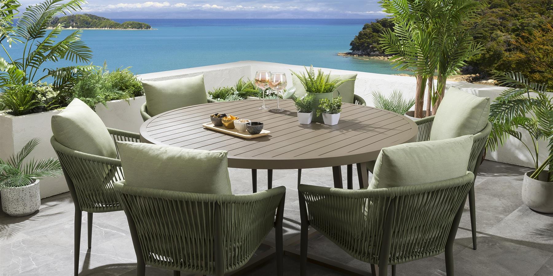 Ensemble de salle à manger d'extérieur rond Cole 6 places en aluminium vert et beige