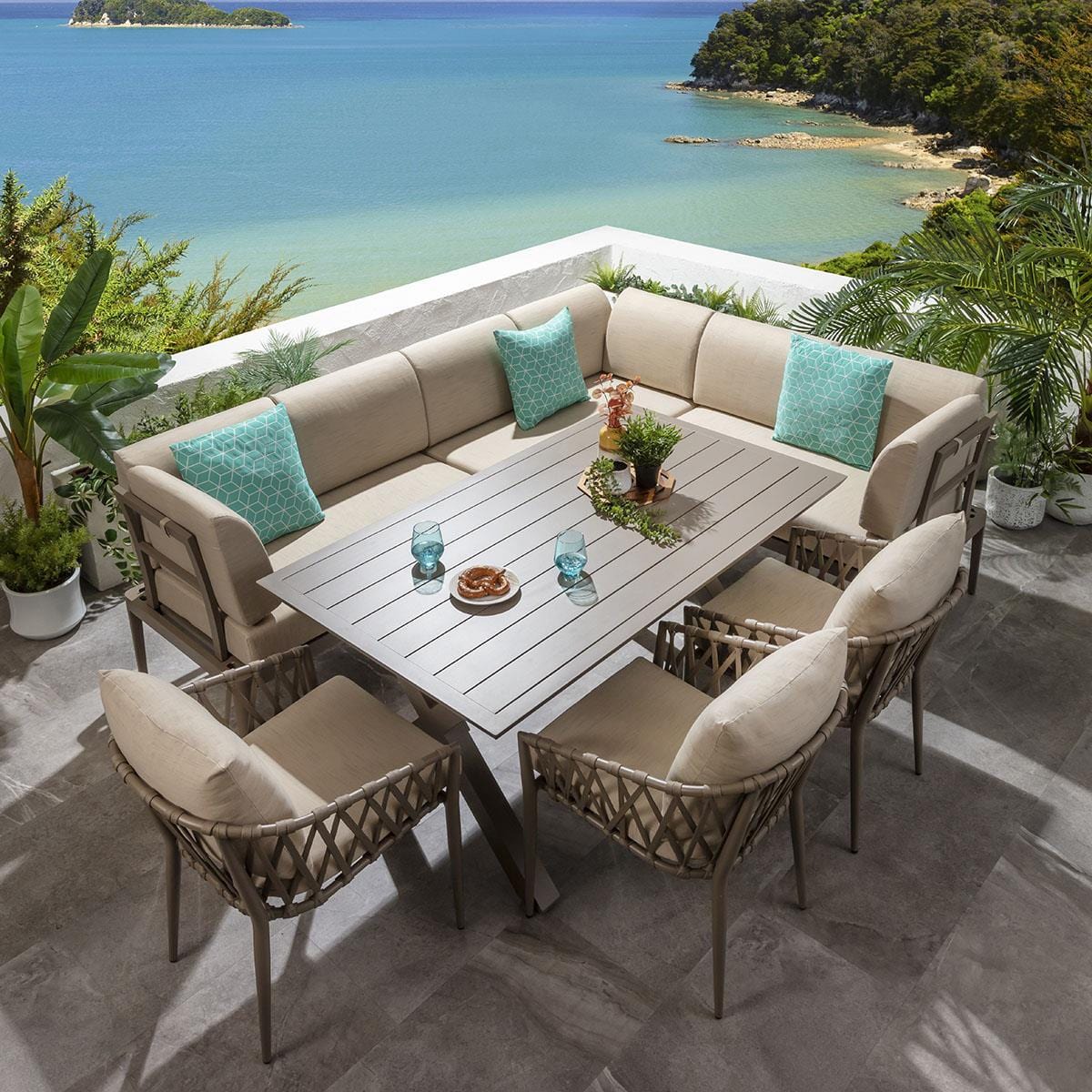 Ensemble de salle à manger de jardin extérieur Ada en aluminium beige 8 places L4