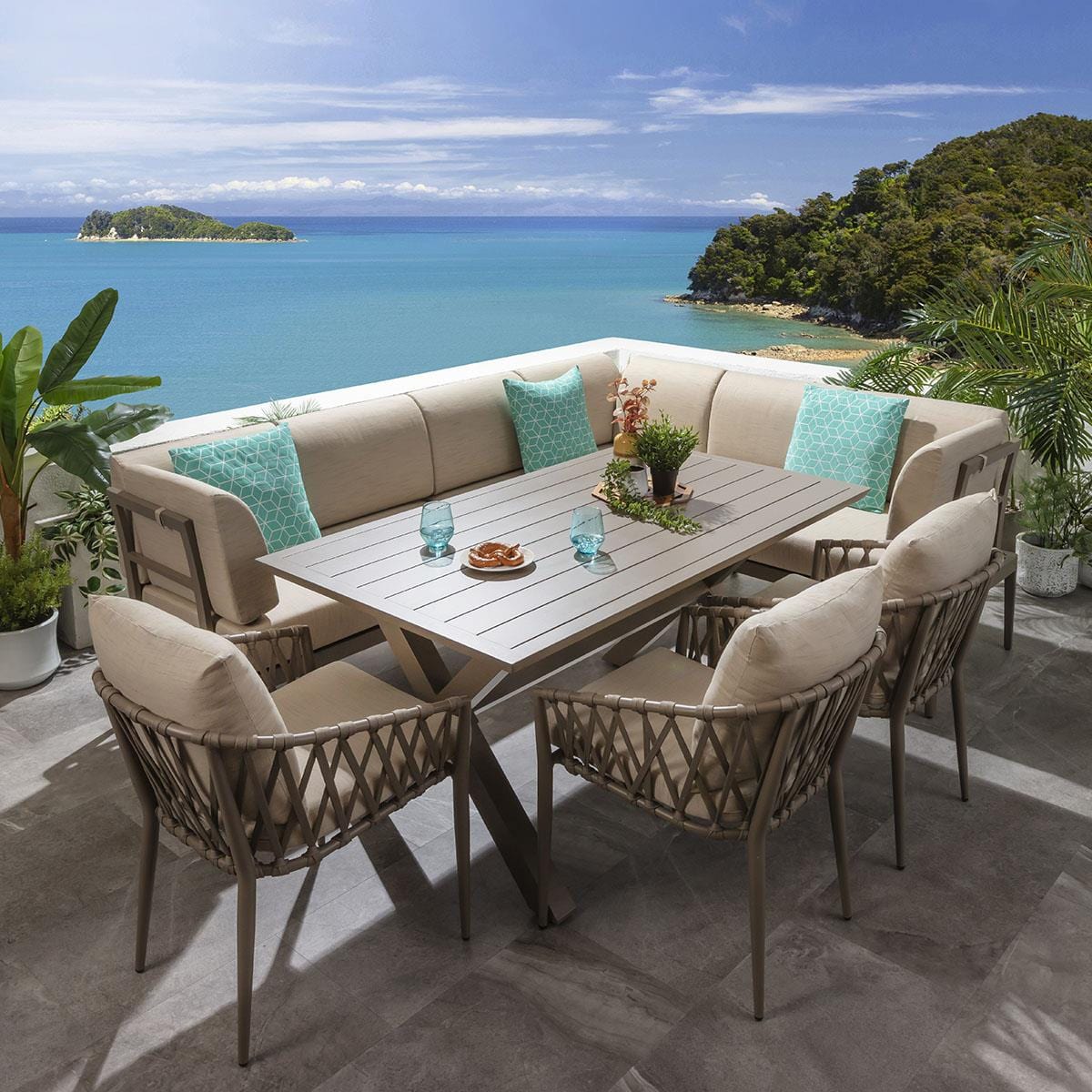 Ensemble de salle à manger de jardin extérieur Ada en aluminium beige 8 places L4