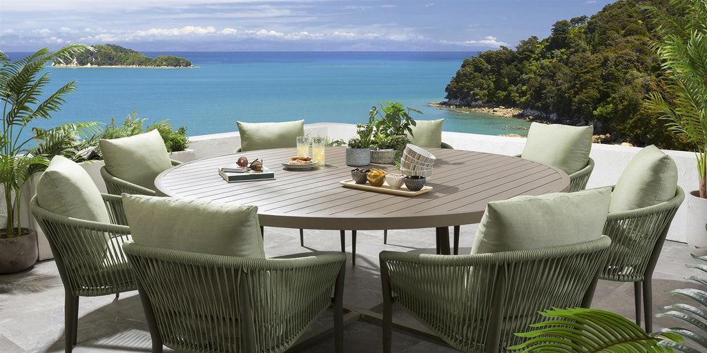 Ensemble de salle à manger d'extérieur rond Cole 8 places en aluminium vert et beige