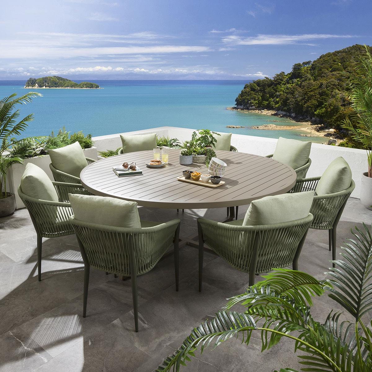 Ensemble de salle à manger d'extérieur rond Cole 8 places en aluminium vert et beige