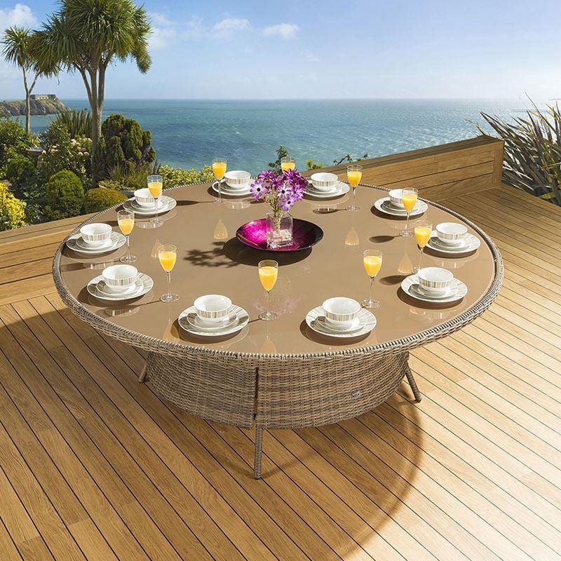 Ensemble repas de jardin 8 places XL avec table et chaises beiges | Rotin rond