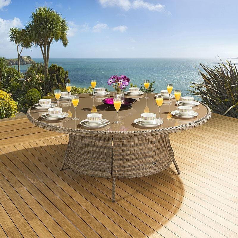 Ensemble repas de jardin 8 places XL avec table et chaises beiges | Rotin rond