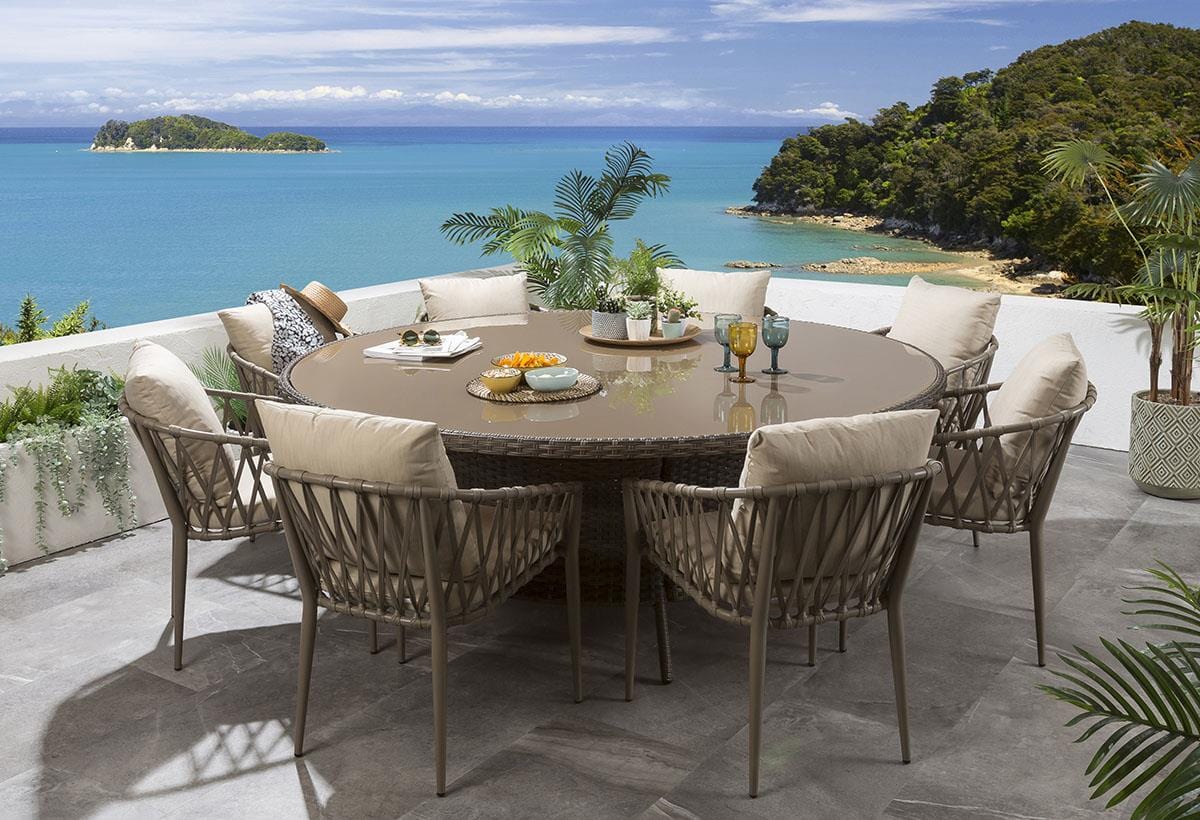 Ensemble repas de jardin 8 places XL avec table et chaises beiges | Rotin rond