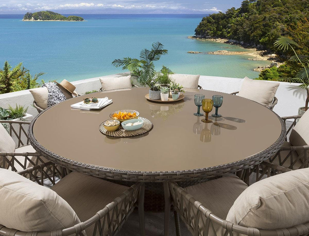 Ensemble repas de jardin 8 places XL avec table et chaises beiges | Rotin rond