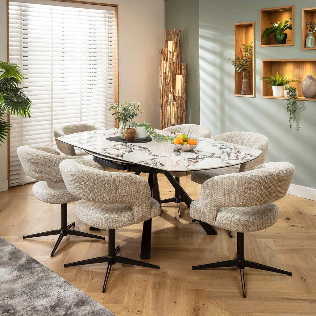 Ensemble de salle à manger rond extensible 6 places Aubrey &amp; Rudie, céramique grise et blanche veinée de noir