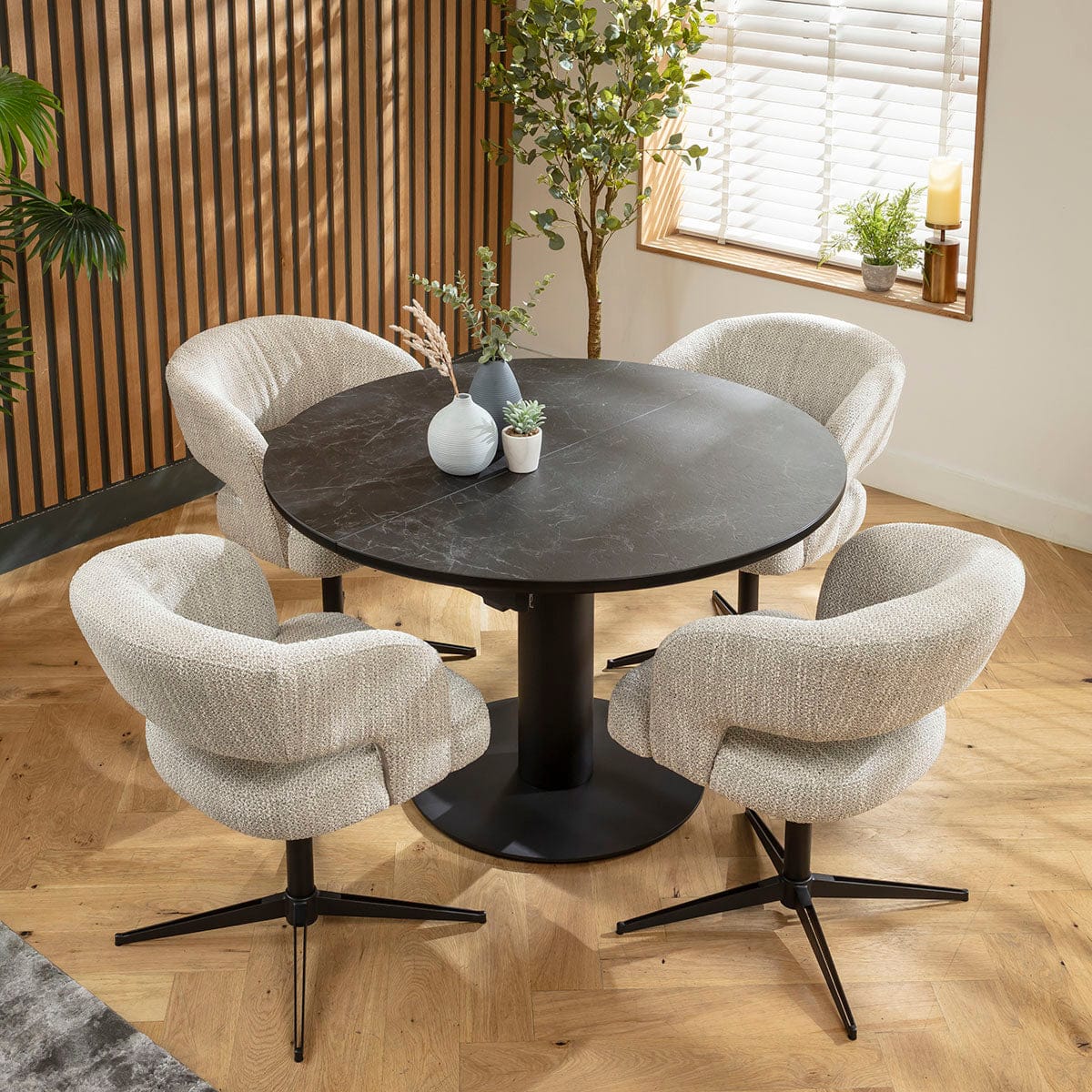Ensemble de salle à manger rond extensible 4 places Aubrey &amp; Venus en céramique grise et noire