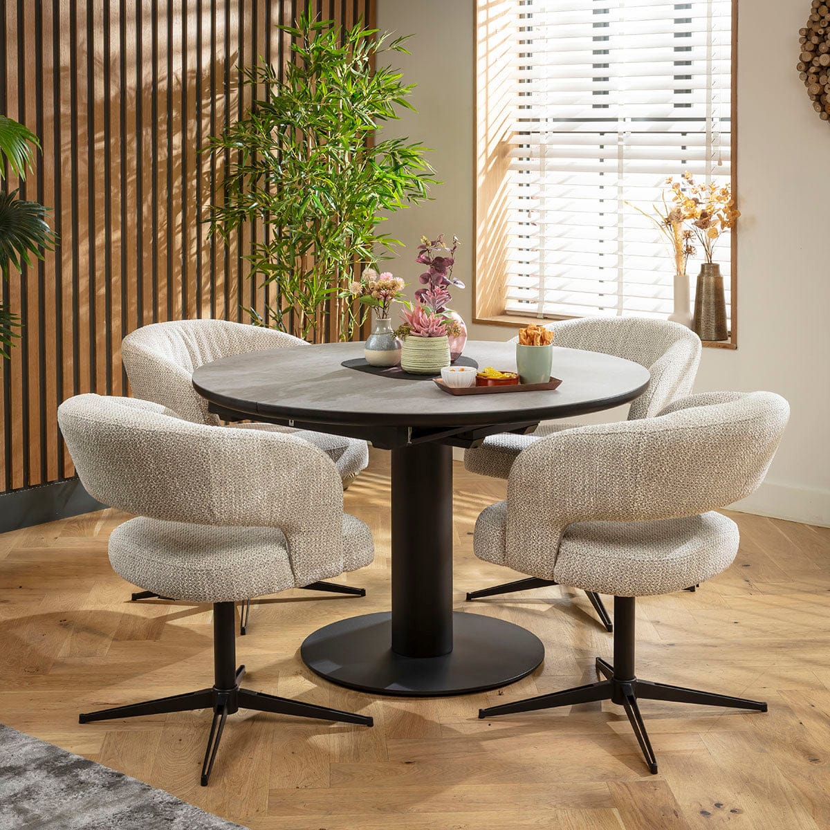 Ensemble de salle à manger rond extensible 4 places Aubrey &amp; Venus en céramique grise