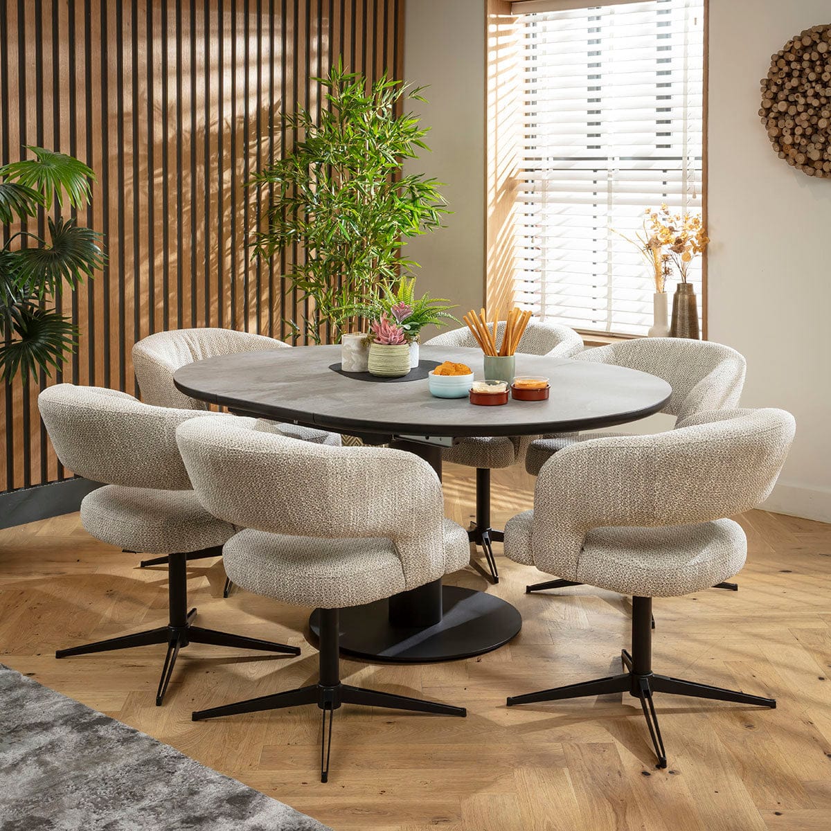 Ensemble de salle à manger rond extensible 6 places Aubrey &amp; Venus en céramique grise