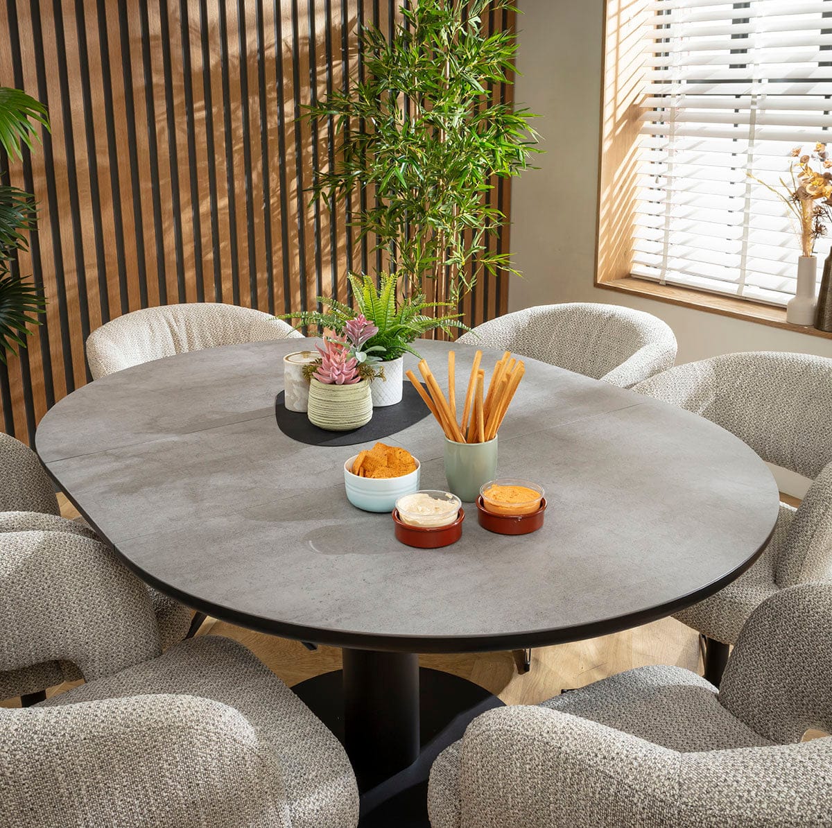 Ensemble de salle à manger rond extensible 6 places Aubrey &amp; Venus en céramique grise