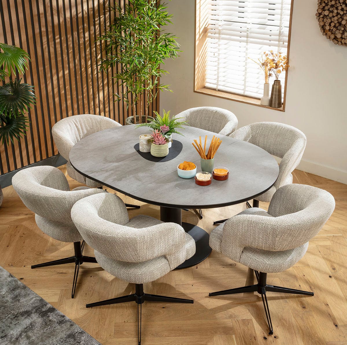 Ensemble de salle à manger rond extensible 6 places Aubrey &amp; Venus en céramique grise