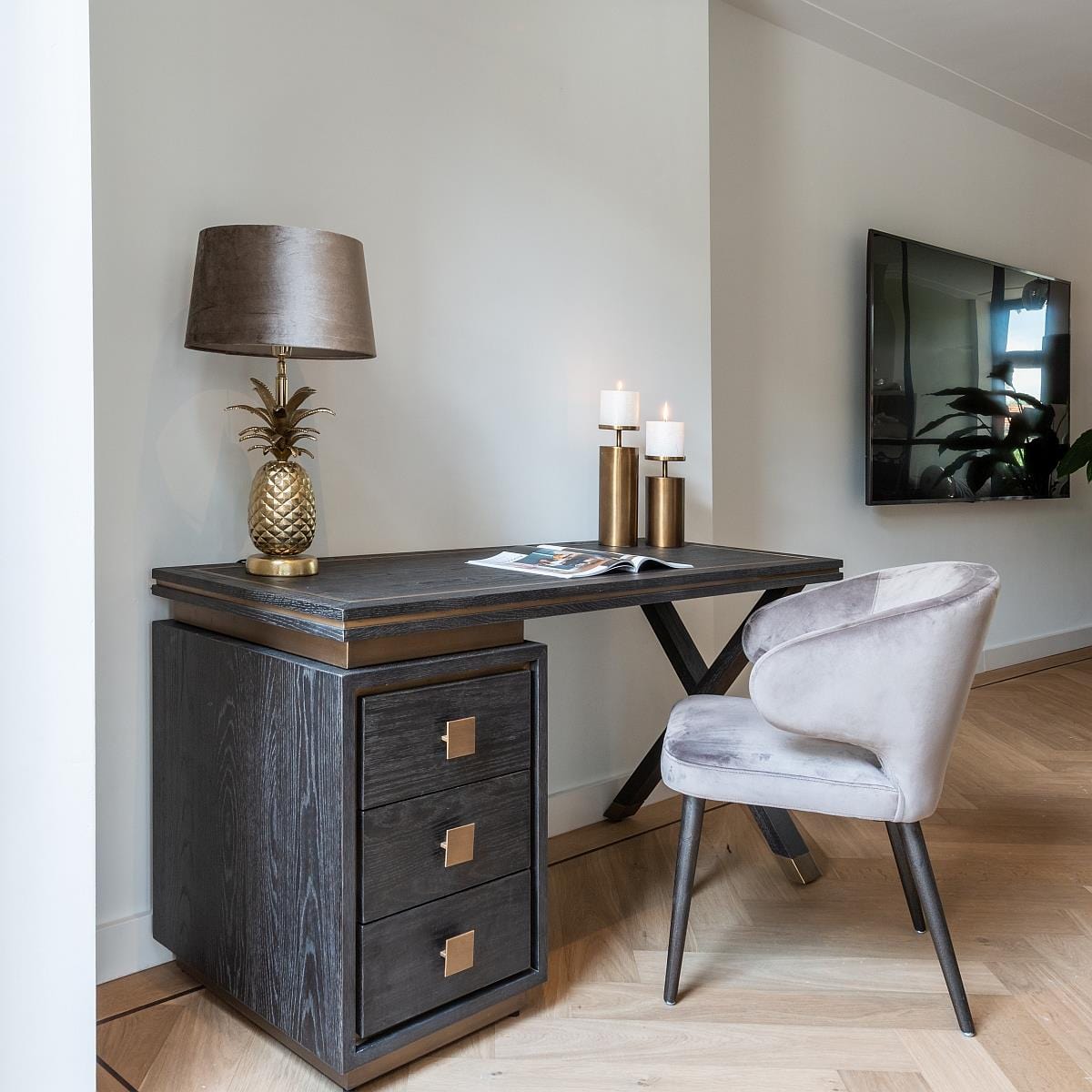 Black Oak Desk Dressing Table Gold Brushed Stainless Steel Study Bedroom