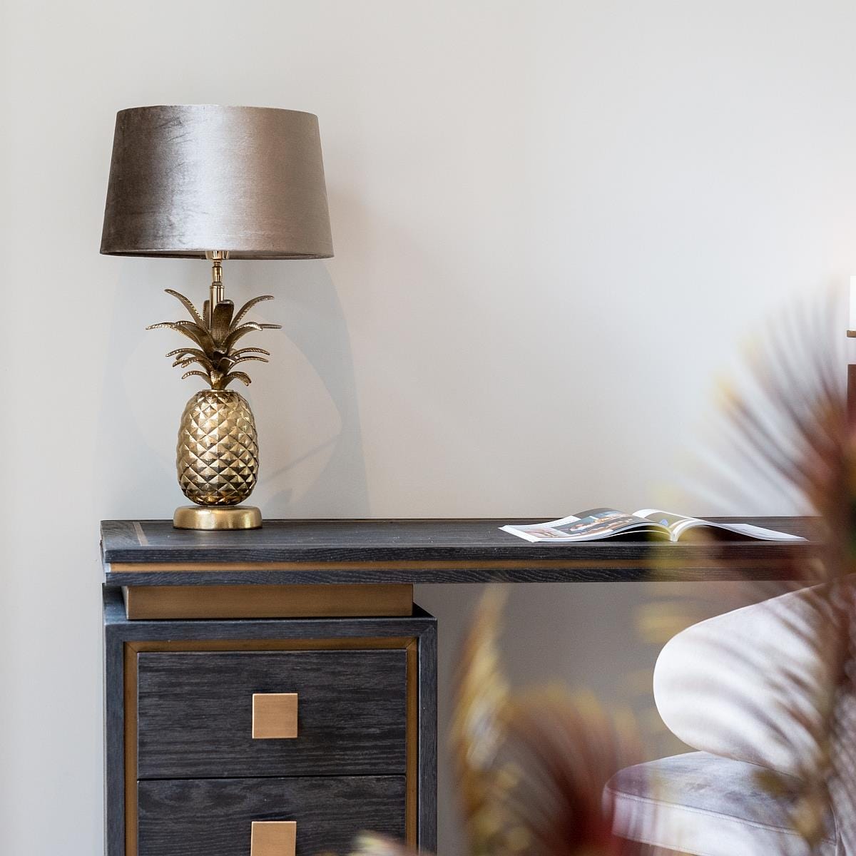 Black Oak Desk Dressing Table Gold Brushed Stainless Steel Study Bedroom