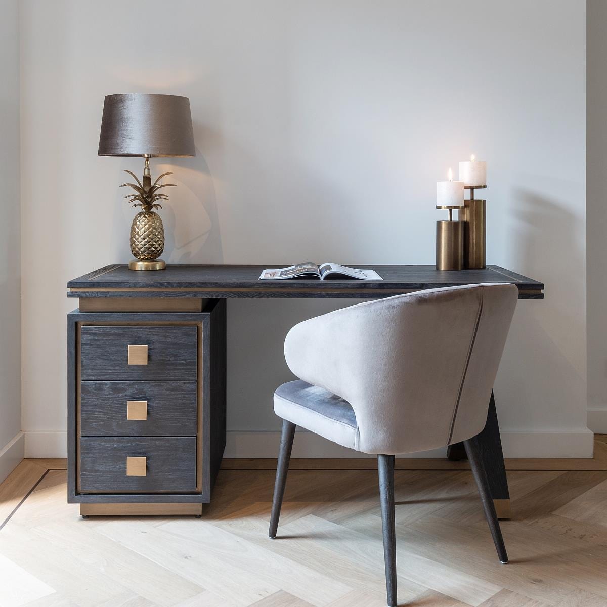 Black Oak Desk Dressing Table Gold Brushed Stainless Steel Study Bedroom