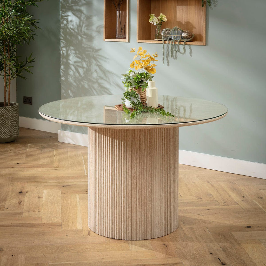 Table de salle à manger ronde Angelica avec plateau en verre, couleur crème, 120 cm