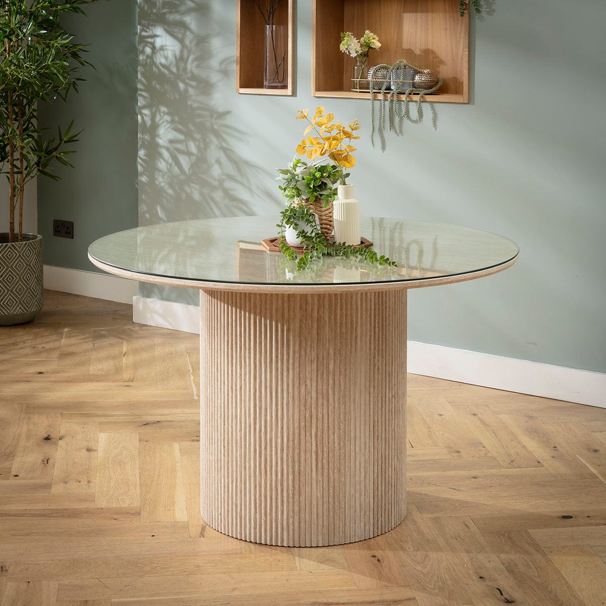 Table de salle à manger ronde Angelica avec plateau en verre, couleur crème, 120 cm