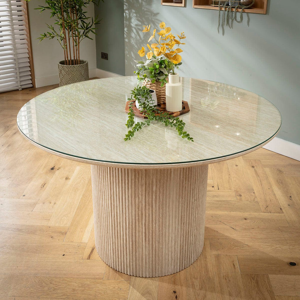 Table de salle à manger ronde Angelica avec plateau en verre, couleur crème, 120 cm