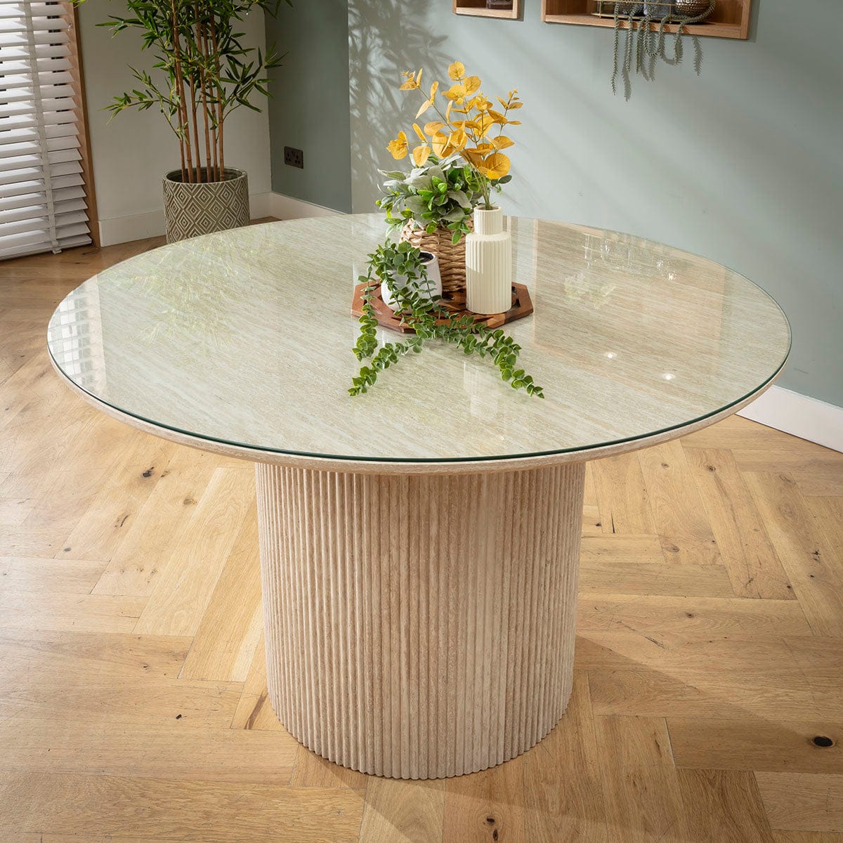 Table de salle à manger ronde Angelica avec plateau en verre, couleur crème, 120 cm