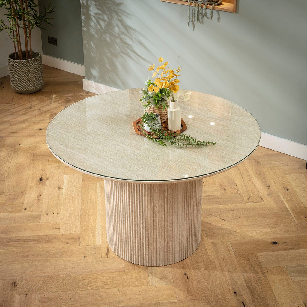 Table de salle à manger ronde Angelica avec plateau en verre, couleur crème, 120 cm