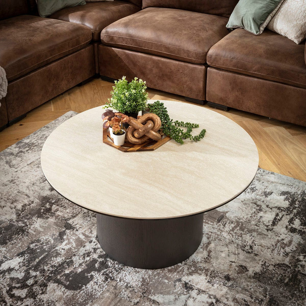 Table basse ronde Metropolis, finition chêne gris et céramique effet pierre, 90 cm